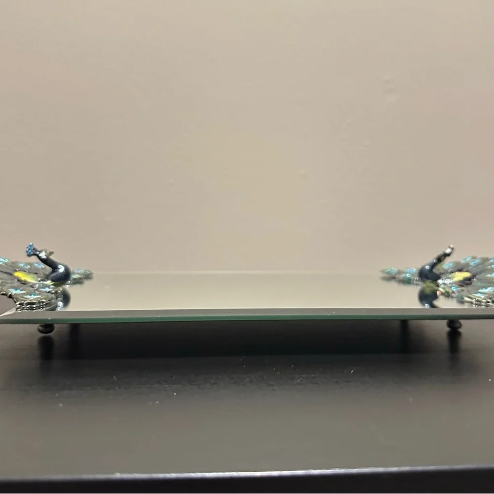 Vintage Enamel Rhinestone Pewter Peacock Mirror Vanity Tray